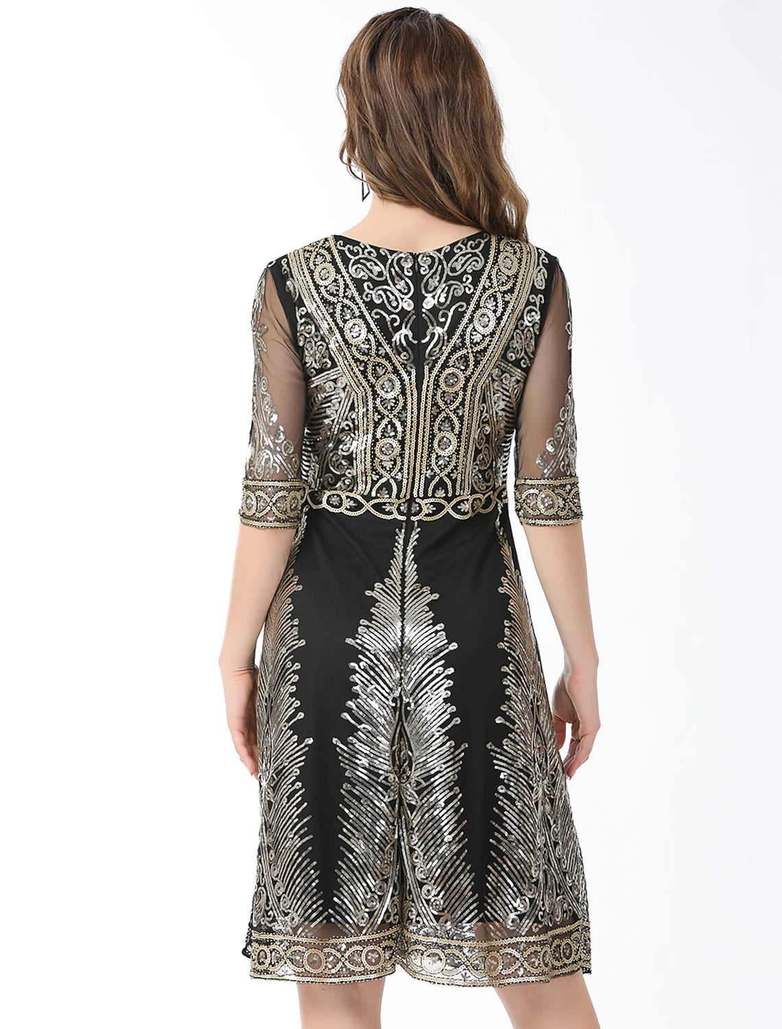 Wholesale A-Line Elegant Vintage Holiday Party Wear Dress Jewel Neck Half Sleeve Knee Length Cotton Blend with Sequin Splicing